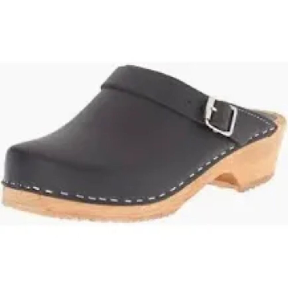 MIA Black Leather Clog Mule with Wood Heel